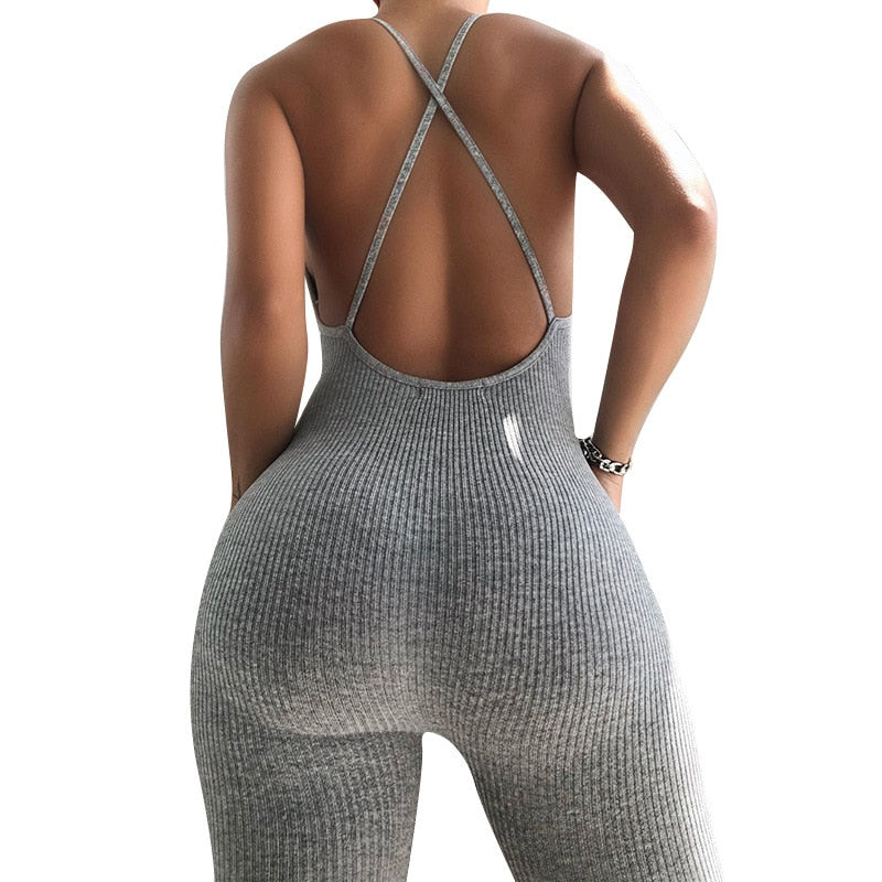 Women Solid Ribbing Yoga Jumpsuit